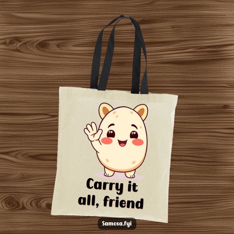 Funny Samosa Tote Bag with a smiling animated samosa character giving a cheerful salute, great for shopping and funny gift exchanges.