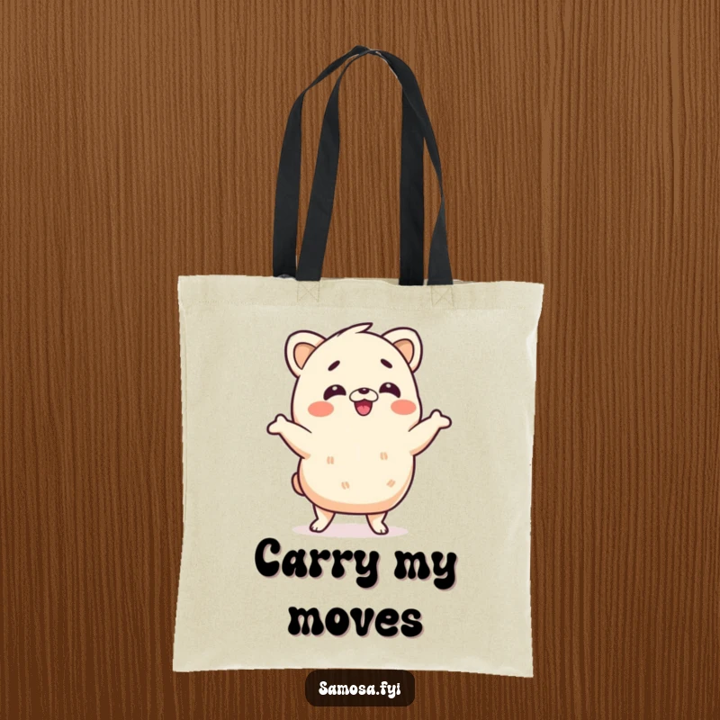 Funny samosa tote bag showing a samosa character in a silly wiggle dance, perfect for carrying groceries or dance gear with a humorous touch.