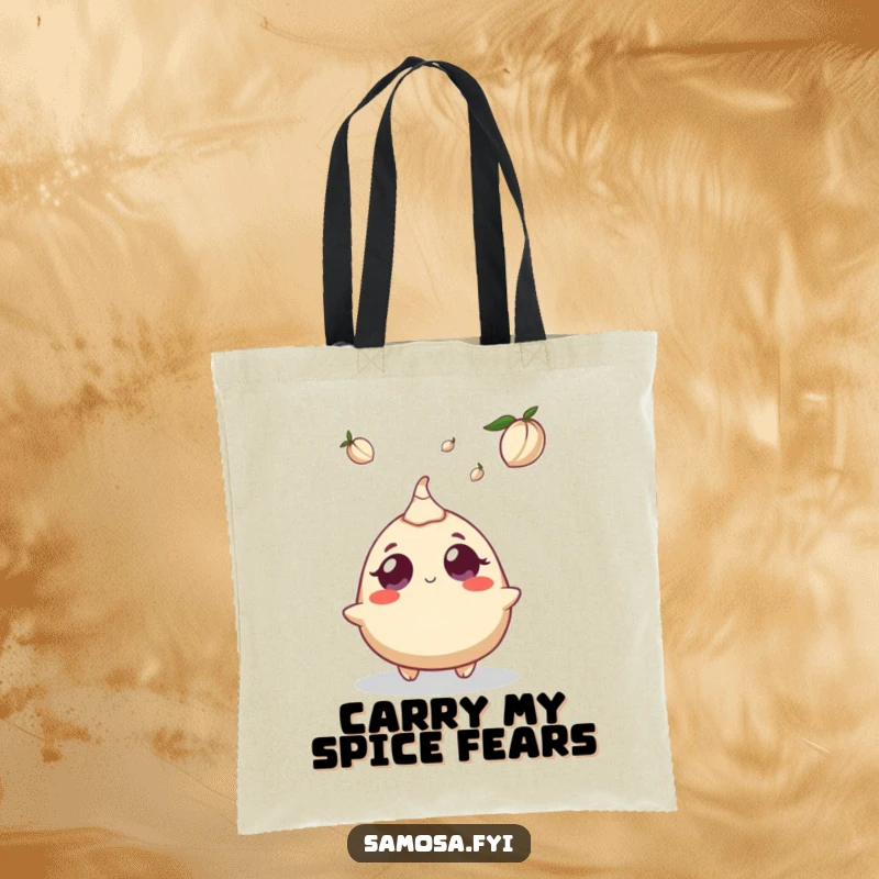 Funny tote bag illustrating a samosa character's wide-eyed astonishment as a cardamom pod falls from the sky above.