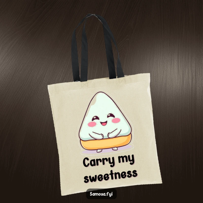 Funny Tote Bag showing a smiling triangular pastry character giving a hug, perfect for carrying treats or daily essentials.