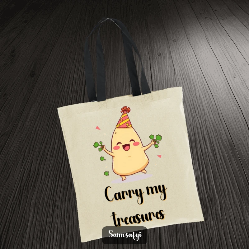 Funny Samosa Tote Bag features a delighted samosa with a party hat comically tripping while juggling cilantro, a humorous accessory.