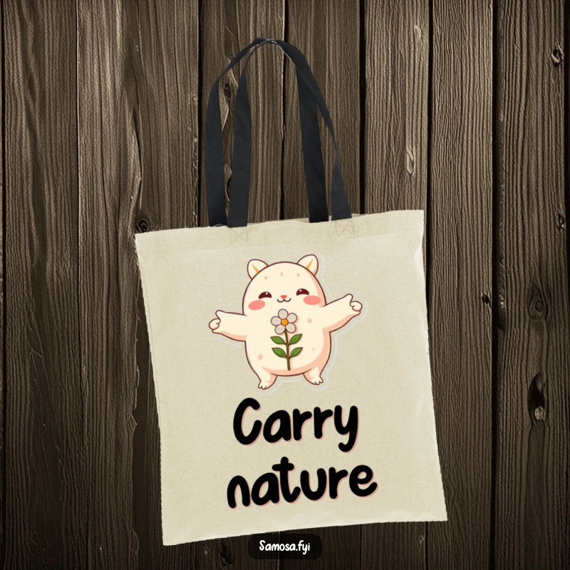 Funny samosa tote bag, arms spread wide, embracing a small flower, stylish and peaceful, perfect for shopping.