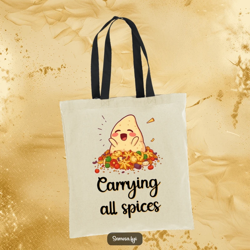 Funny samosa tote bag showing a giggling samosa character comically falling into spices, perfect for carrying items with a humorous, spicy flair, a useful gift.