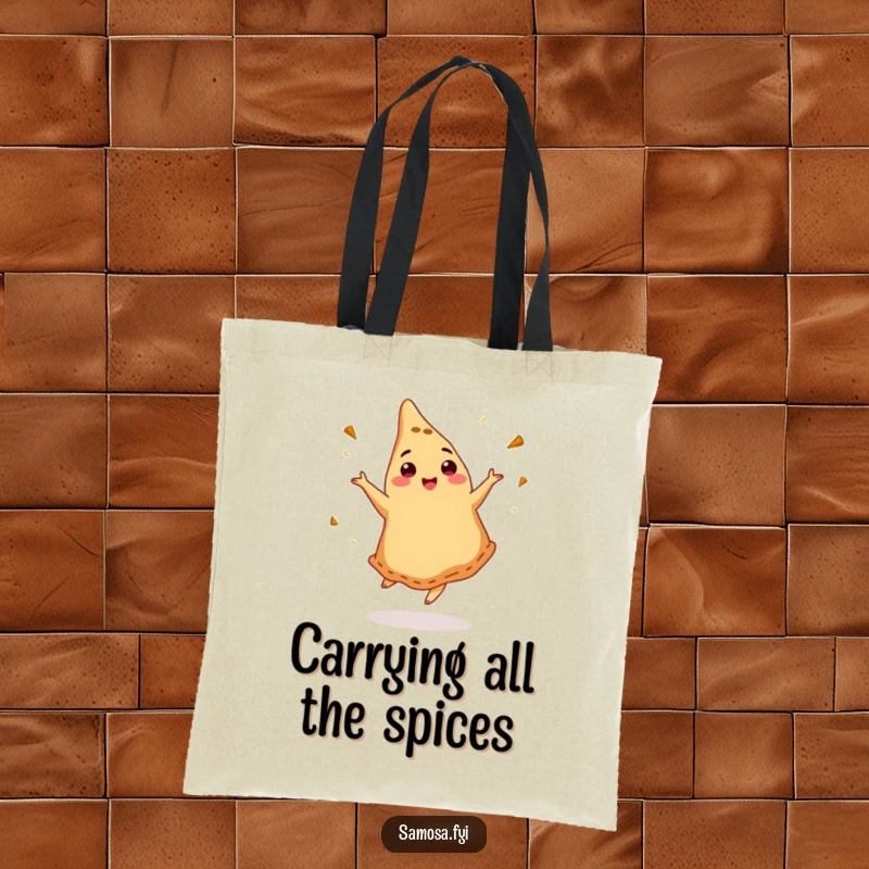 Funny tote bag featuring a energetic dancing samosa with a cumin garnish, great for shopping.