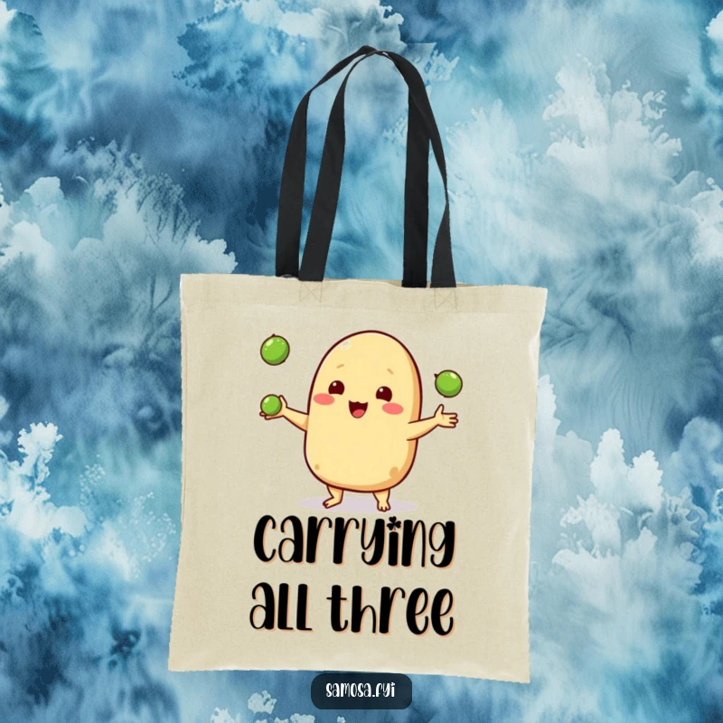 Funny tote bag with a happy samosa character juggling three small peas, perfect for carrying daily essentials with joy.
