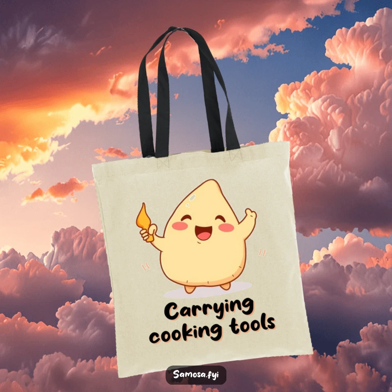Funny Samosa Tote Bag: A practical tote featuring a happy samosa waving a tiny frying pan, perfect for carrying kitchen gear with joy.