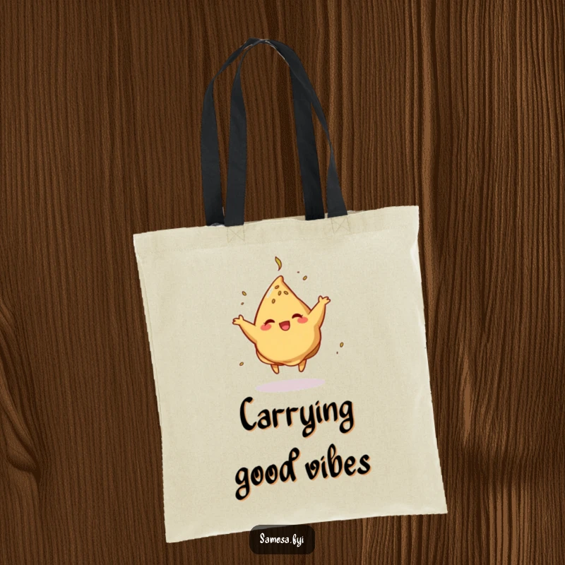 Funny Tote Bag featuring a dancing samosa with cumin, a stylish and humorous companion for shopping trips.