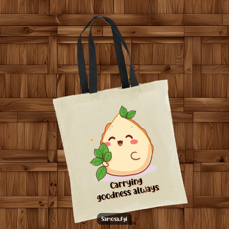 Funny Samosa Tote Bag featuring a happy samosa offering a mint leaf, a humorous and practical accessory for a funny gift.