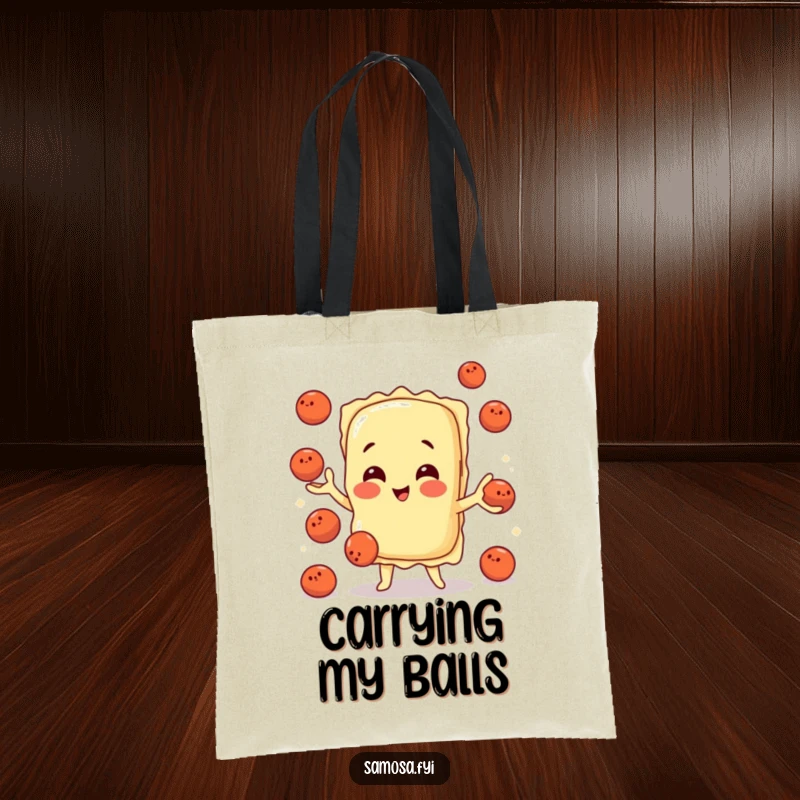 Durable tote bag showcasing a funny ravioli character juggling meatballs, ideal for shopping and carrying Italian cheer.