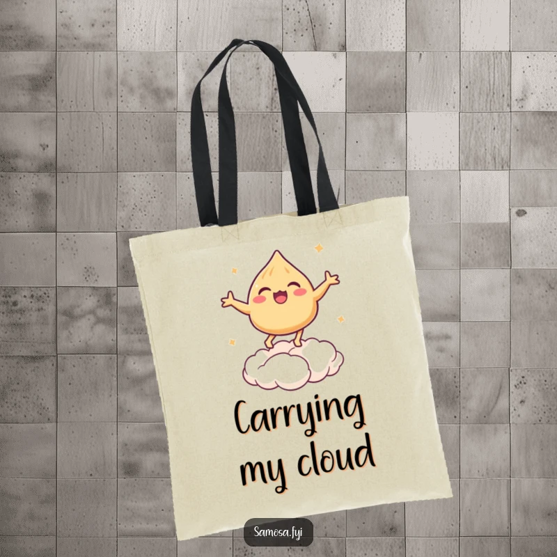 Funny tote bag showing a delighted samosa leaping on a cloud of puff pastry.