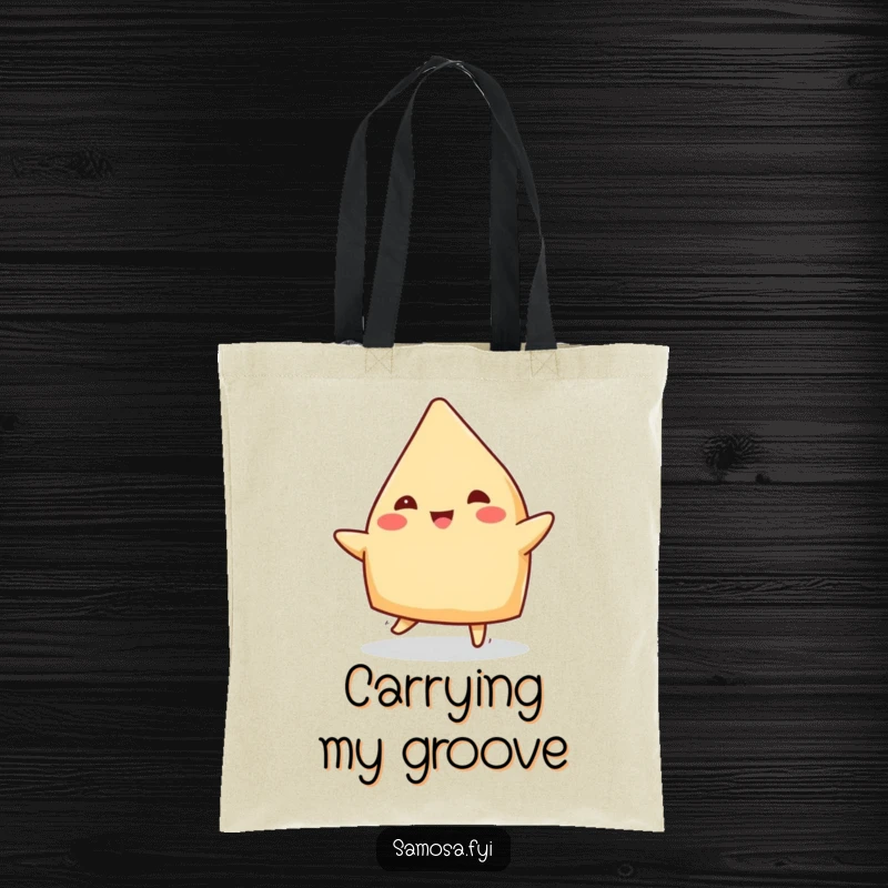 Funny Samosa Tote Bag: A practical tote featuring a cheerful samosa doing a jig, perfect for carrying essentials with joy.