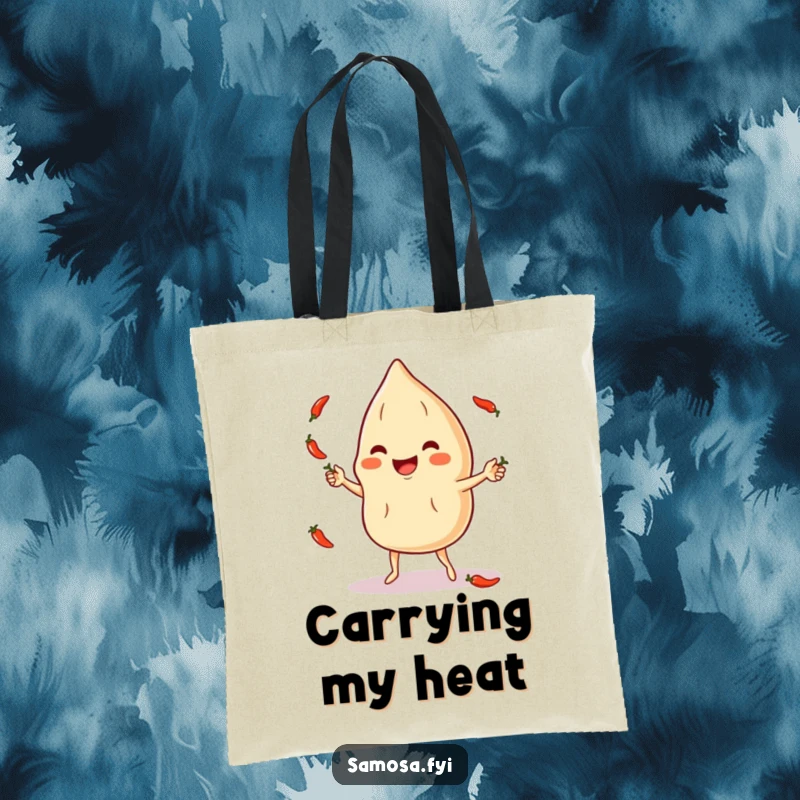 Funny Tote Bag: A happy samosa character juggling tiny, hot chili peppers, a vibrant and amusing design.