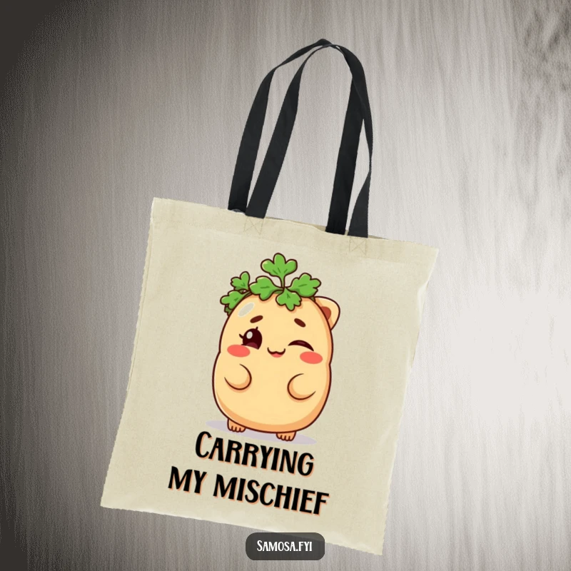 Funny Samosa Tote Bag featuring a mischievous samosa winking while wearing a parsley hat, a humorous accessory for a funny gift.