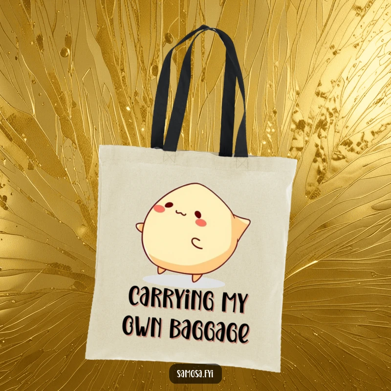 Funny Samosa Tote Bag depicting a samosa character hilariously tripping over its own edges, perfect for carrying daily necessities.