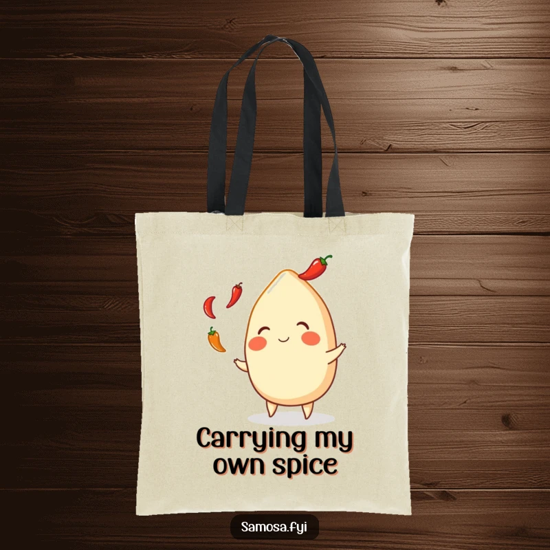 Funny Samosa Tote Bag: Adorable Indian snack character juggling vibrant chili peppers, perfect for carrying groceries with a smile.