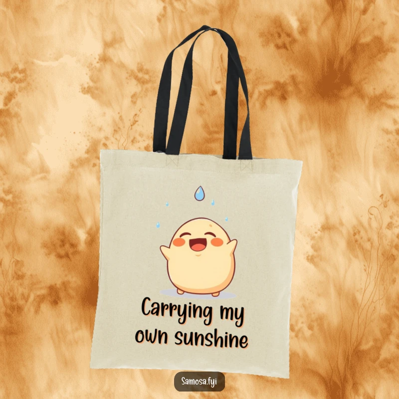 Funny tote bag featuring a laughing samosa comically dodging a falling raindrop, perfect for carrying groceries with a smile.