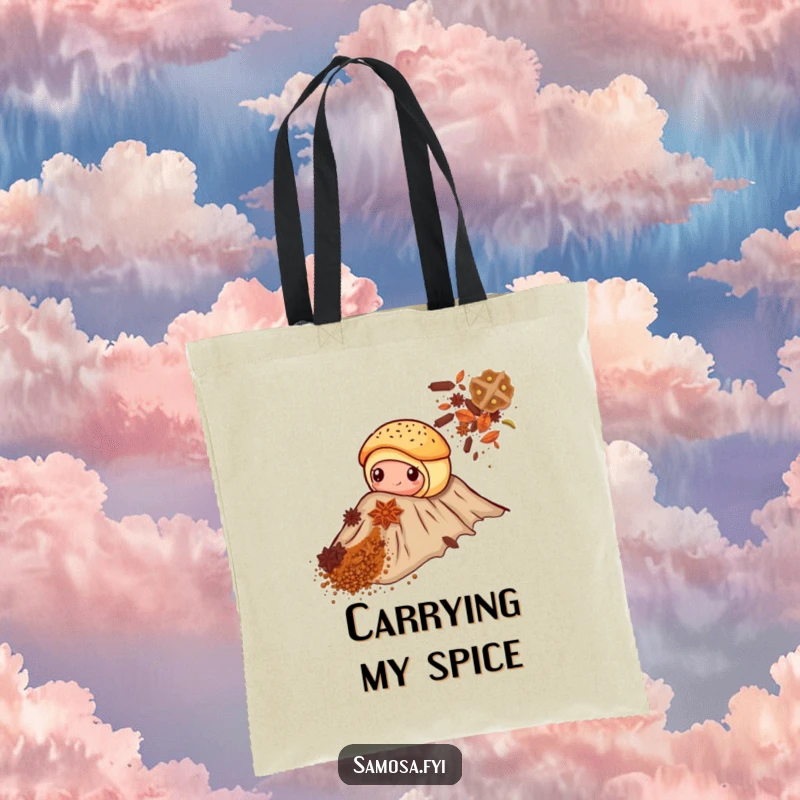 Funny tote bag showing a pastry bravely climbing a towering spice mountain, perfect for grocery trips or books.