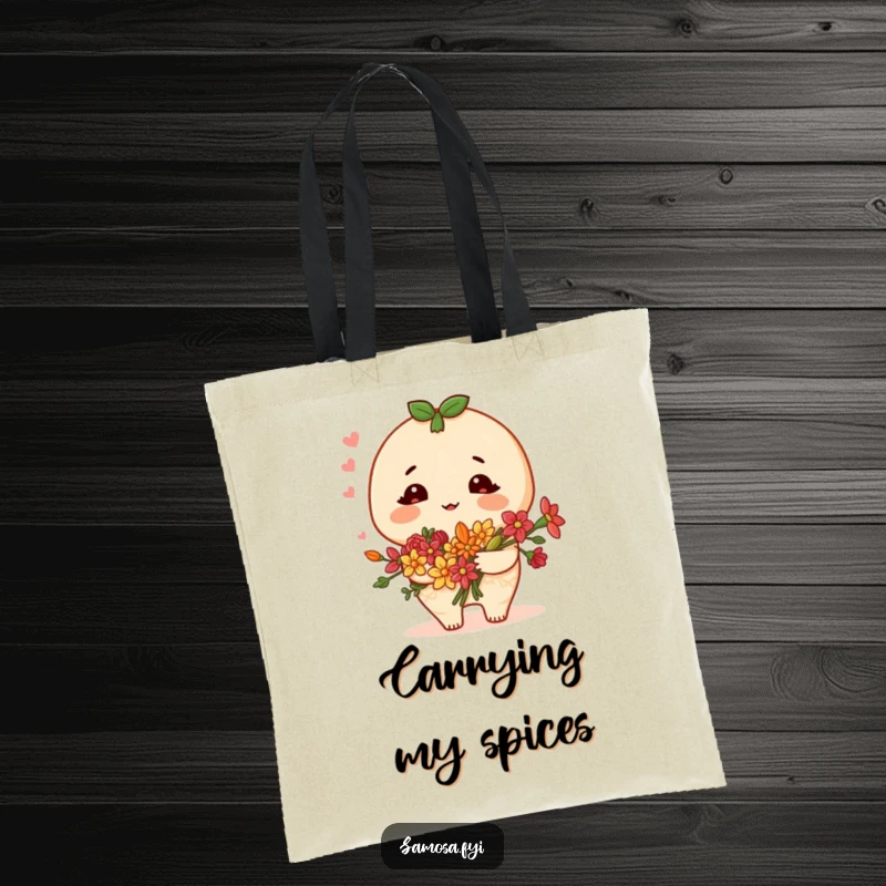 Funny samosa tote bag featuring a blushing character holding a bouquet of spice flowers, perfect for carrying items with charm.