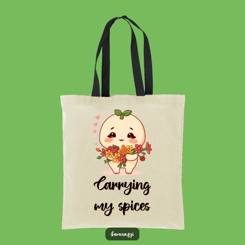 Funny Samosa Tote Bag: Blushing Character, Spice Flowers - Sweet Carryall