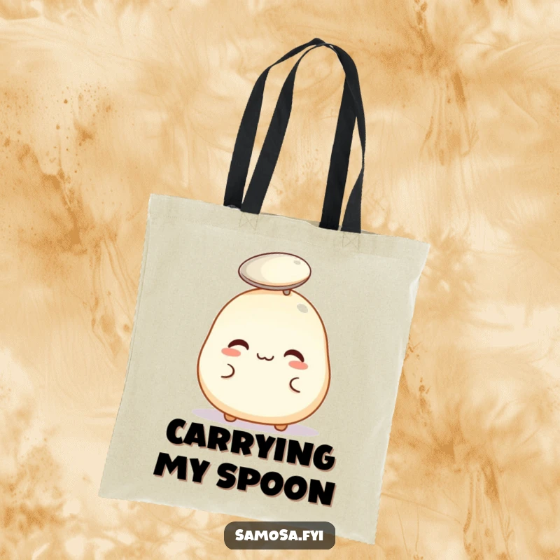 Funny tote bag with a pastry puff meticulously balancing a spoon on its head, perfect for carrying items.