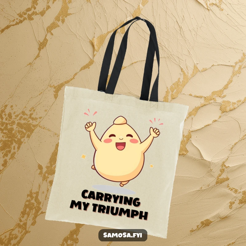 Funny samosa tote bag with a plump samosa character doing a victorious celebratory hop, perfect for shopping and daily use.
