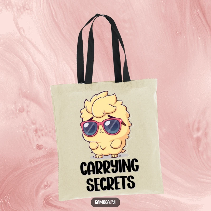 Funny Tote Bag showcasing a samosa character in big sunglasses, shrugging innocently, a symbol of cool mystery.