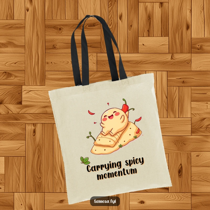 Funny Cheerful Samosa Tote Bag: Cute Indian snack sliding down a hill of spicy peppers, perfect for carrying goods with humor.