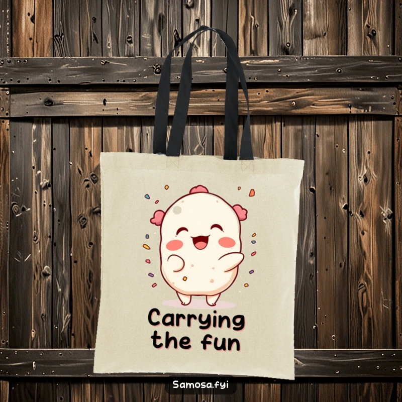 Funny Tote Bag: A samosa character throwing confetti with a mischievous grin, bringing festive fun and style everywhere.