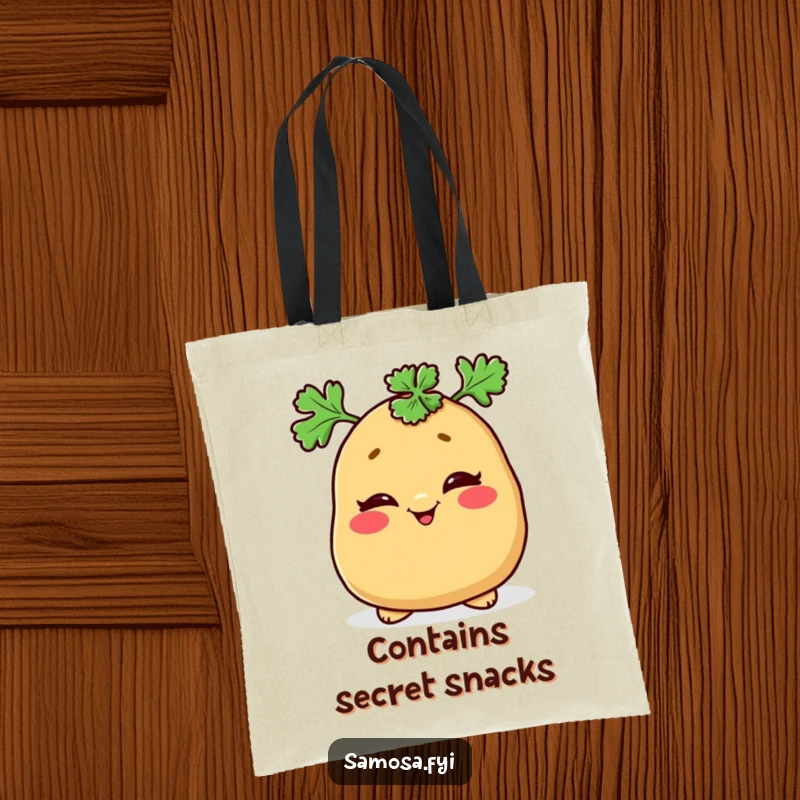 Funny tote bag illustrating a mischievous samosa winking with a parsley hat, perfect for shopping and errands.