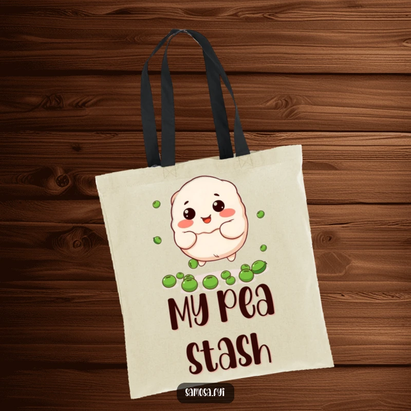 Funny dumpling tote bag featuring the stuffed character trying to catch falling peas, a cute and humorous accessory.