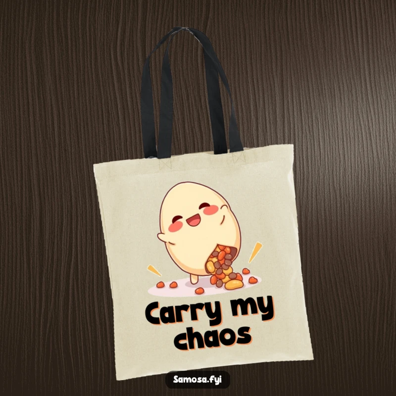 Funny tote bag with a giggling samosa doing a cartwheel with filling spilling humorously, perfect for carrying essentials with a side of cheer.