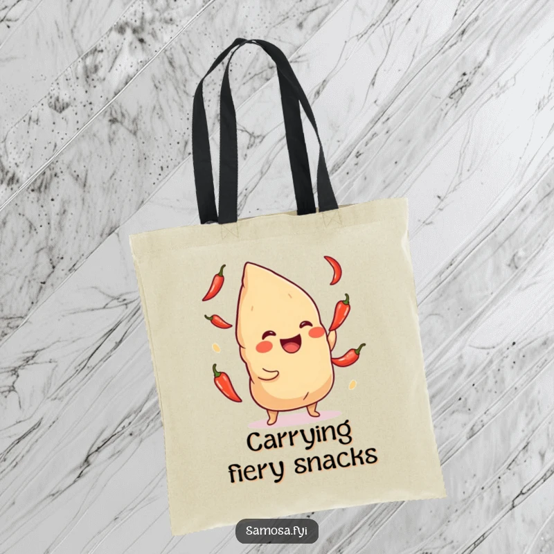 Funny Samosa Tote Bag: A practical tote featuring a giggling samosa juggling chili peppers, showcasing a love for spicy fun.