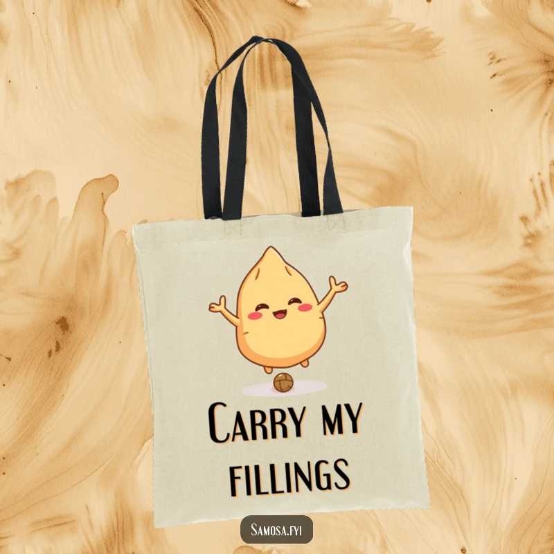 Funny giggling samosa tote bag with a character bouncing a lentil like a ball, a fun and practical accessory.