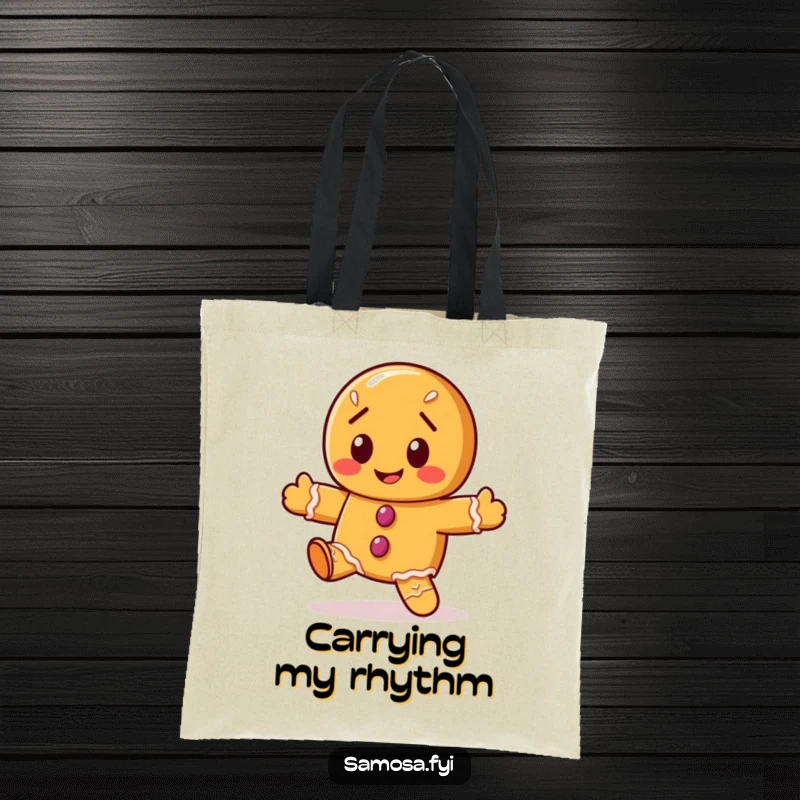 Funny gingerbread cookie tote bag featuring the character doing a wobbly dance, a festive and humorous accessory.