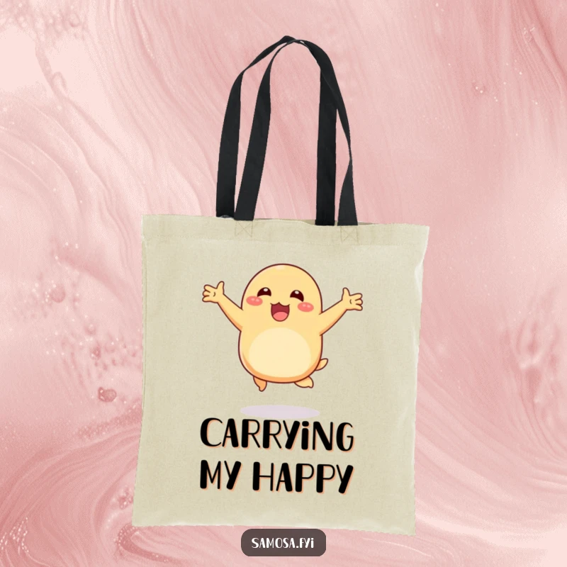 Funny tote bag showcasing a happy samosa hopping with arms outstretched, perfect for carrying essentials with a side of cheer.