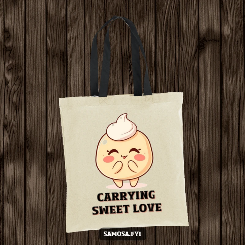 Stylish tote bag showcasing a blushing pastry puff character blowing a kiss, perfect for carrying essentials with charm.