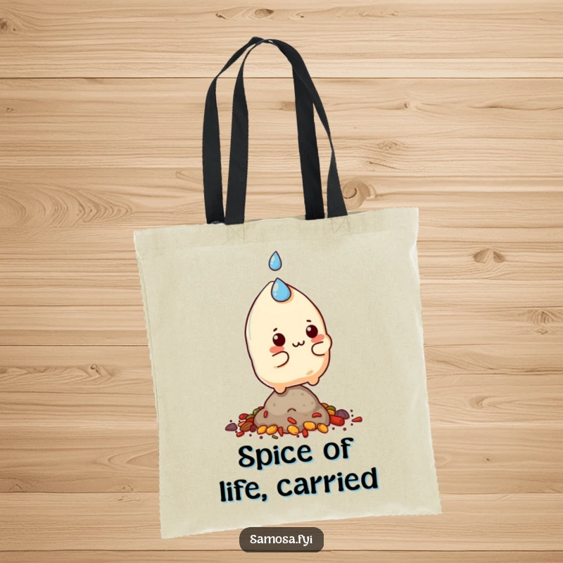 Funny samosa character sweating and balancing on a small pile of spices, printed on a durable tote bag.