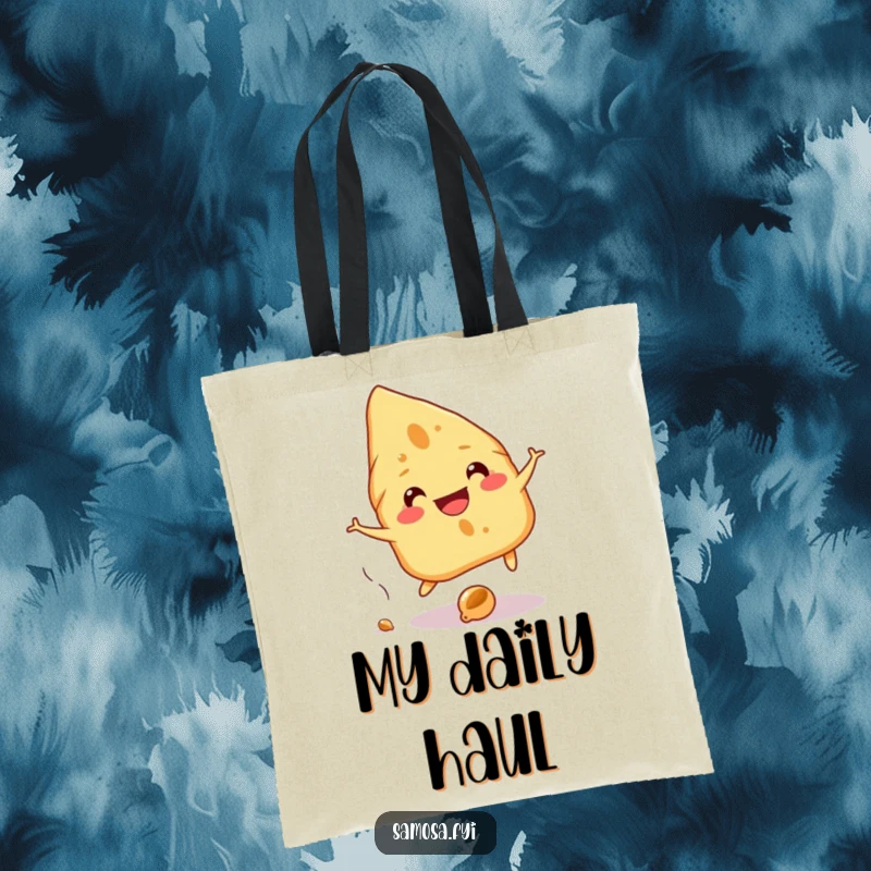 Funny Samosa Tote Bag features a cheerful samosa grinning while playfully dodging a falling chickpea, a humorous everyday accessory.