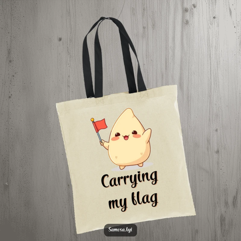 Funny Samosa Flag Tote Bag: A cheerful samosa character energetically waving a small flag, great for carrying essentials with festive flair.