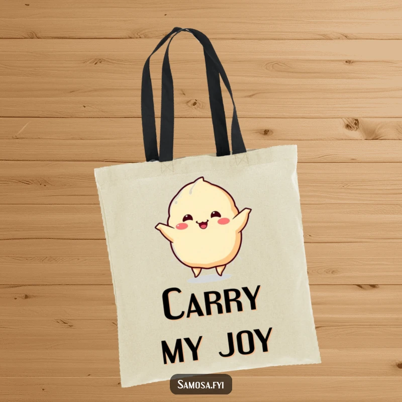 Funny Samosa Tote Bag illustrating a jubilant samosa character performing a happy dance, its sides wiggling with pure, uncontainable glee.