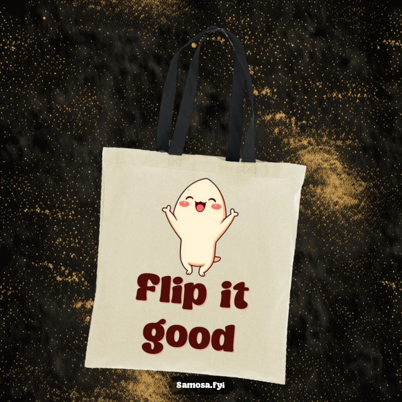 Funny Samosa Headstand Tote Bag: A cheerful samosa character giggling while doing a headstand, great for carrying essentials with playful flair.