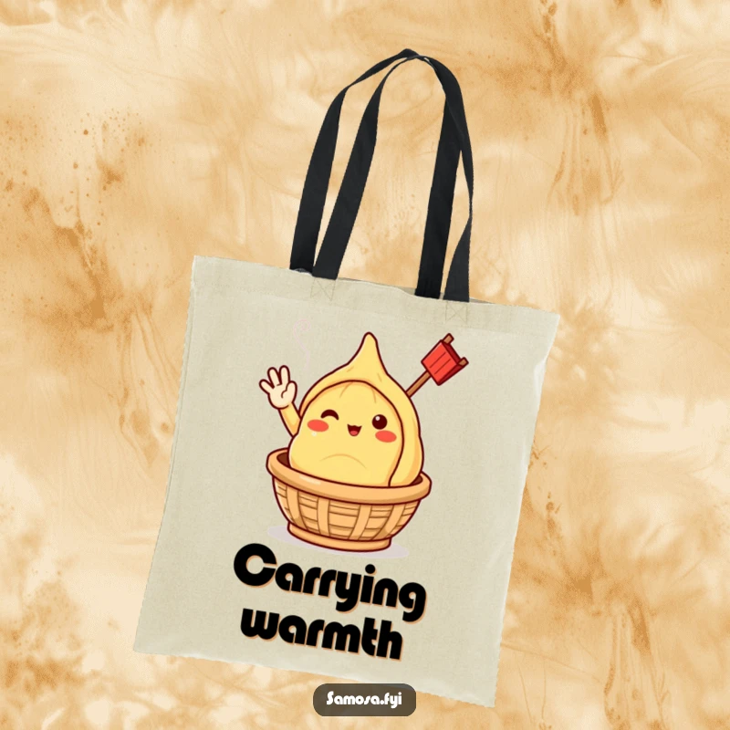Funny samosa character cheerfully waving, emerging from a steaming basket, printed on a durable tote bag.