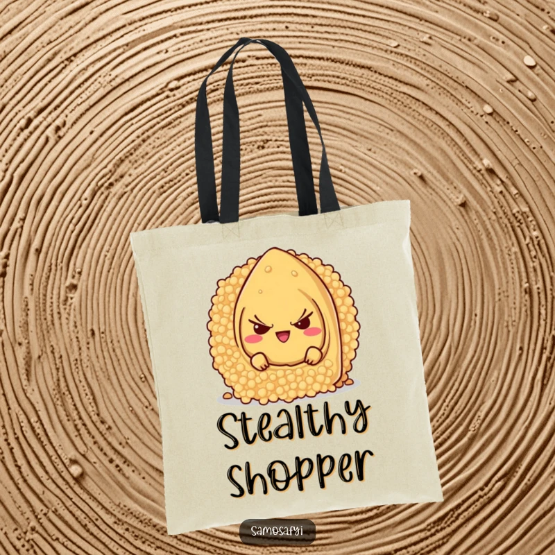 Funny samosa character with a mischievous grin, hiding behind a giant couscous grain, printed on a durable tote bag.