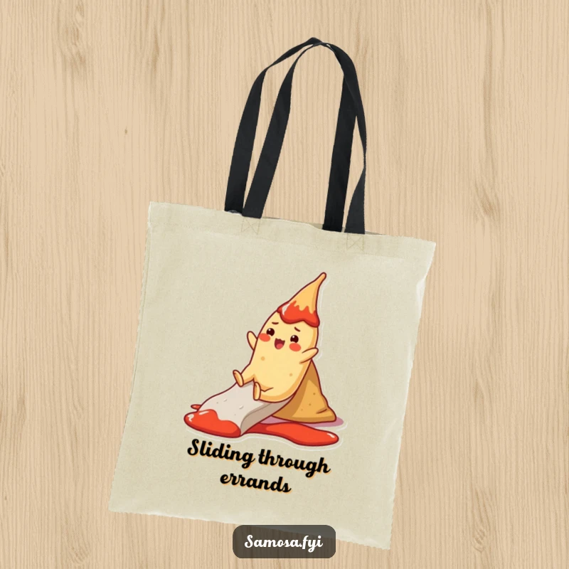 Funny Tote Bag: A cheerful samosa character slides down a ketchup slide, a vibrant and humorous accessory.