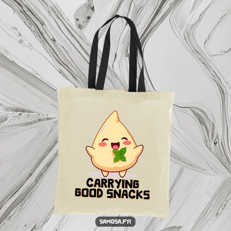 Funny tote bag illustrating a cheerful samosa offering a small mint leaf, perfect for shopping and errands.