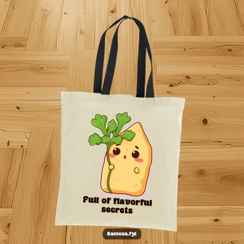 Funny tote bag featuring a curious samosa peeking out from behind a fresh coriander leaf, perfect for market trips and more.