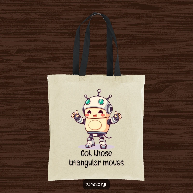 Funny Tote Bag featuring a samosa character in a happy, rigid robot dance, celebrating snack culture.