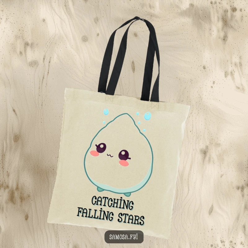 Funny Tote Bag featuring a samosa character with wide eyes, looking up in awe at a falling sprinkle.