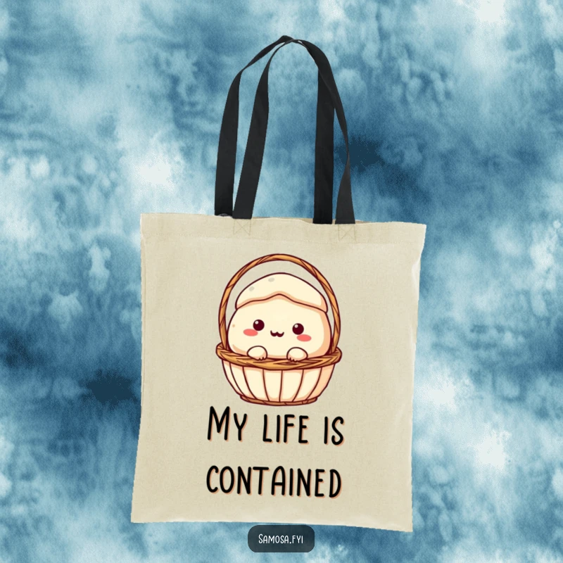 Funny Tote Bag: A samosa character comically stuck in a small basket, a humorous and attention-grabbing accessory.
