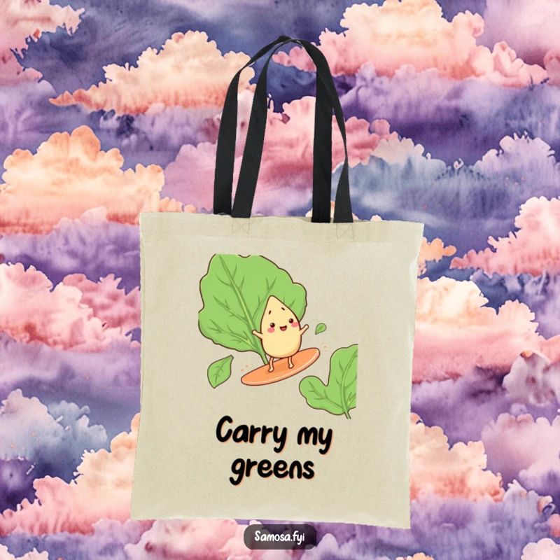 Funny tote bag illustrating a happy samosa with tiny legs, bravely surfing on a giant spinach leaf, ready for any journey.